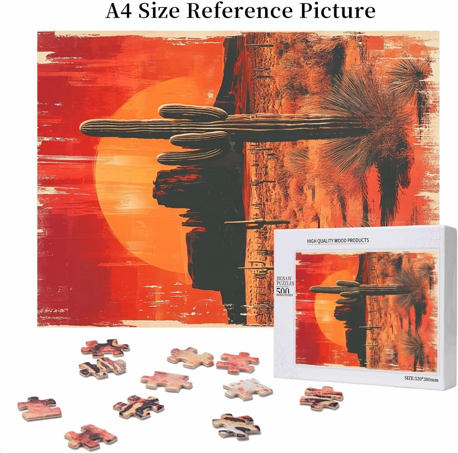 Vintage-Style Desert Landscape with Towering Saguaros,500 Pcs Wooden Jigsaw Puzzle for Adults,Stress Relief Activity,Retro Southwest Artwork,Brain Training Challenge,Eco-Friendly Piece
