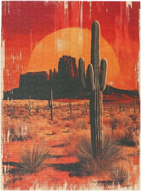 Vintage-Style Desert Landscape with Towering Saguaros,500 Pcs Wooden Jigsaw Puzzle for Adults,Stress Relief Activity,Retro Southwest Artwork,Brain Training Challenge,Eco-Friendly Piece