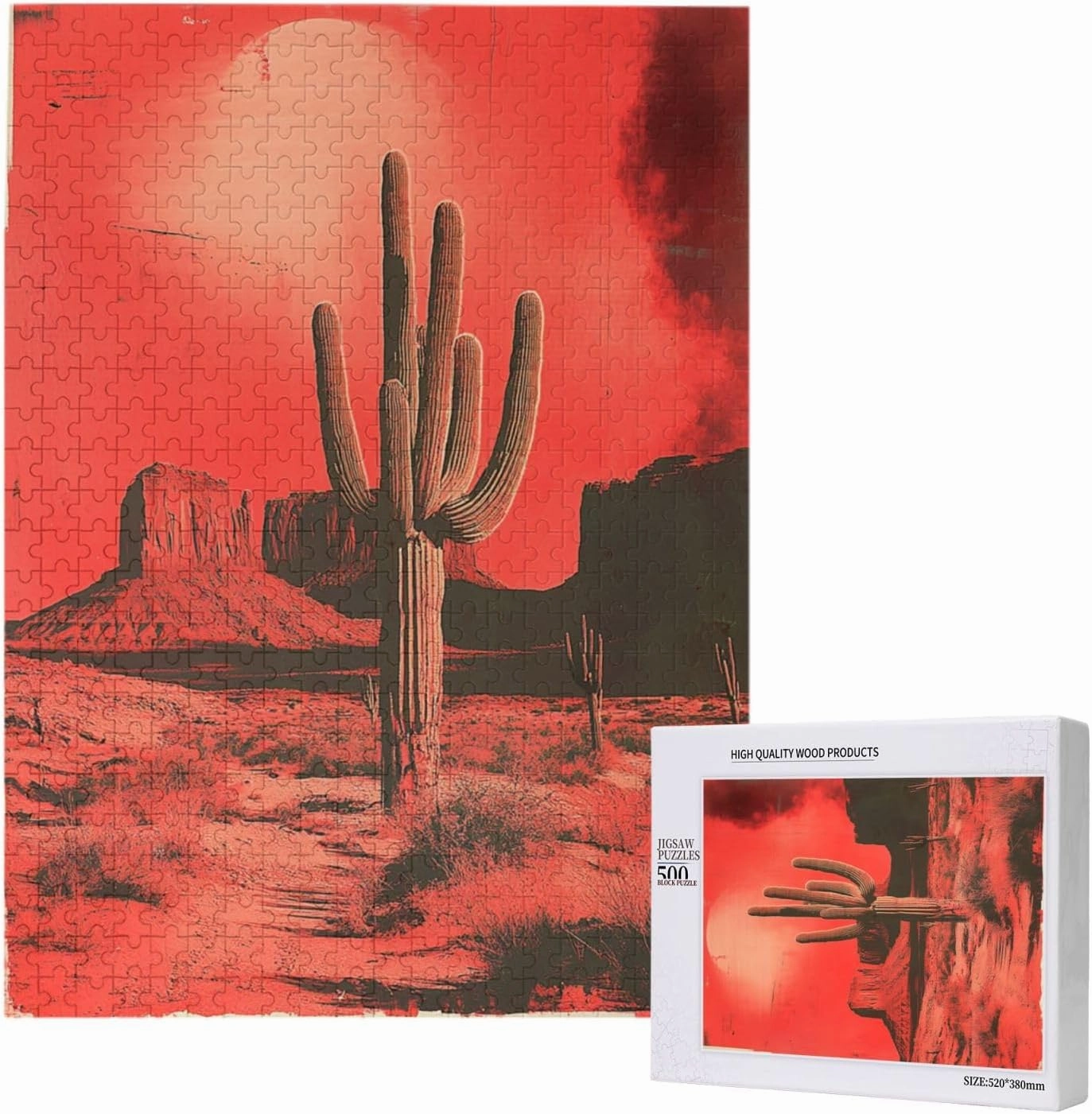 Vintage-Style Desert Landscape with Towering Saguaros,500 Piece Wooden Puzzle for Adults,Brain Training Challenge,Stress Relief Activity,Retro Southwest Artwork,Eco-Friendly Pieces