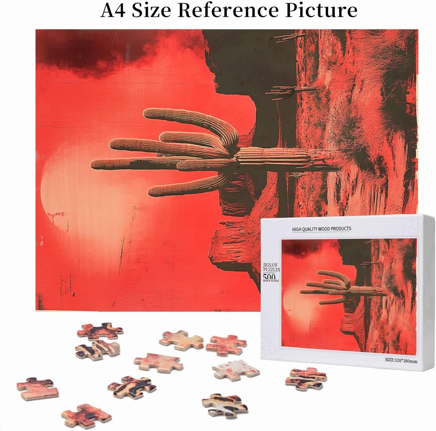 Vintage-Style Desert Landscape with Towering Saguaros,500 Piece Wooden Puzzle for Adults,Brain Training Challenge,Stress Relief Activity,Retro Southwest Artwork,Eco-Friendly Pieces