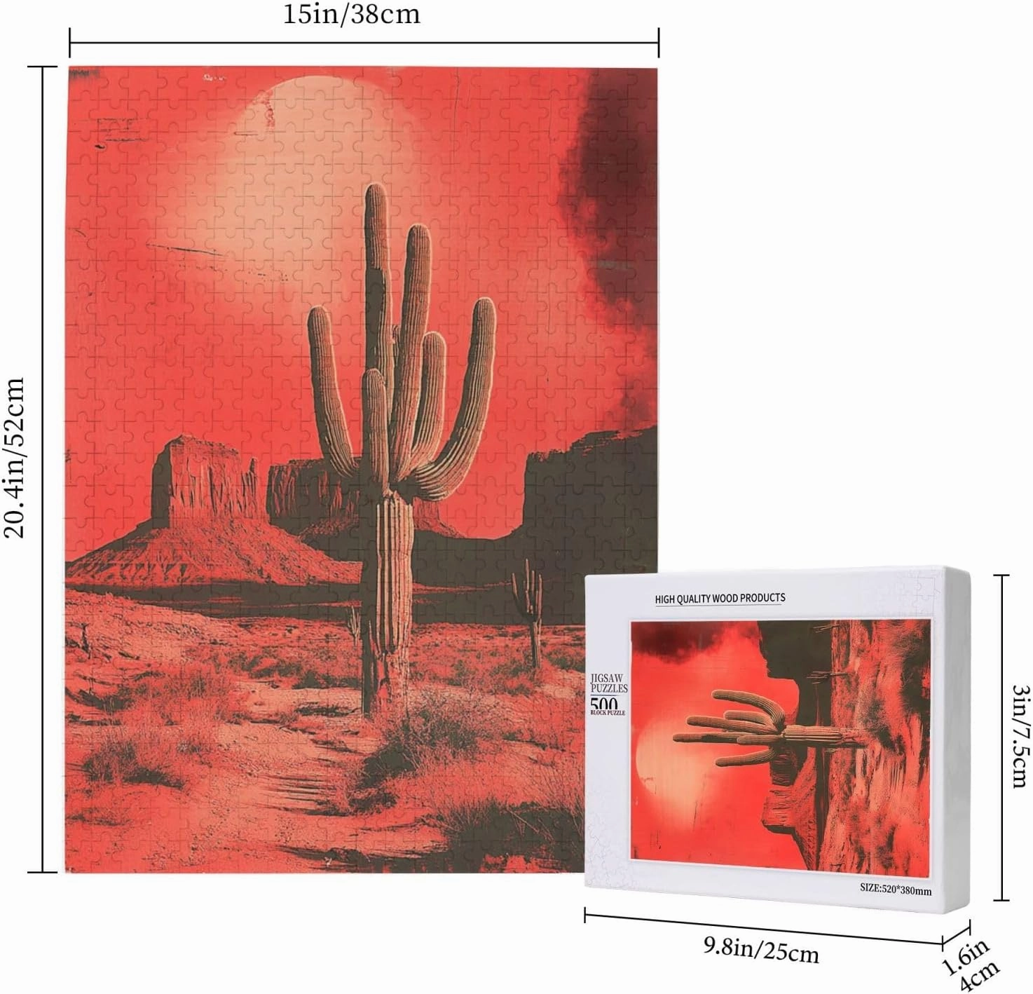 Vintage-Style Desert Landscape with Towering Saguaros,500 Piece Wooden Puzzle for Adults,Brain Training Challenge,Stress Relief Activity,Retro Southwest Artwork,Eco-Friendly Pieces