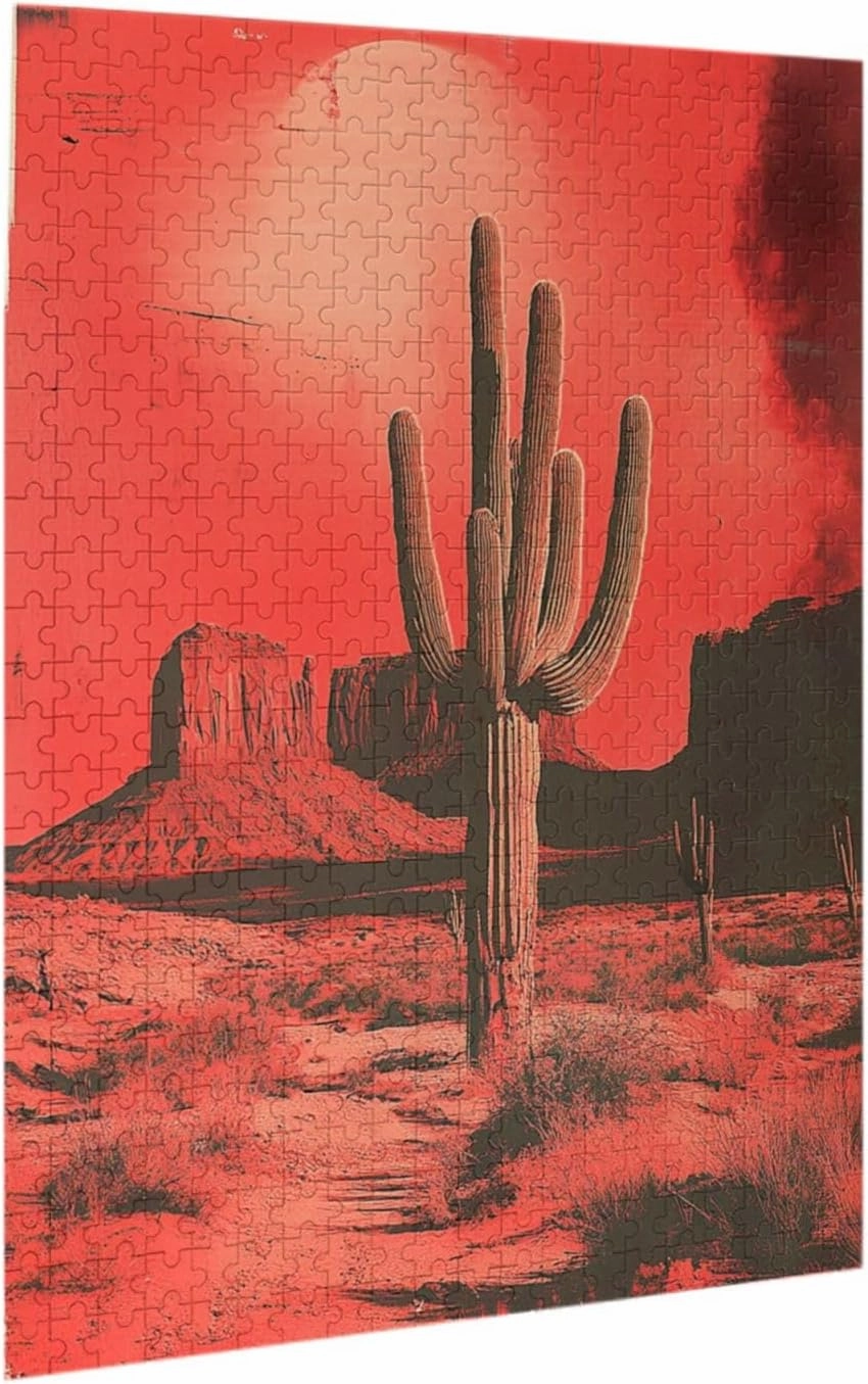 Vintage-Style Desert Landscape with Towering Saguaros,500 Piece Wooden Puzzle for Adults,Brain Training Challenge,Stress Relief Activity,Retro Southwest Artwork,Eco-Friendly Pieces
