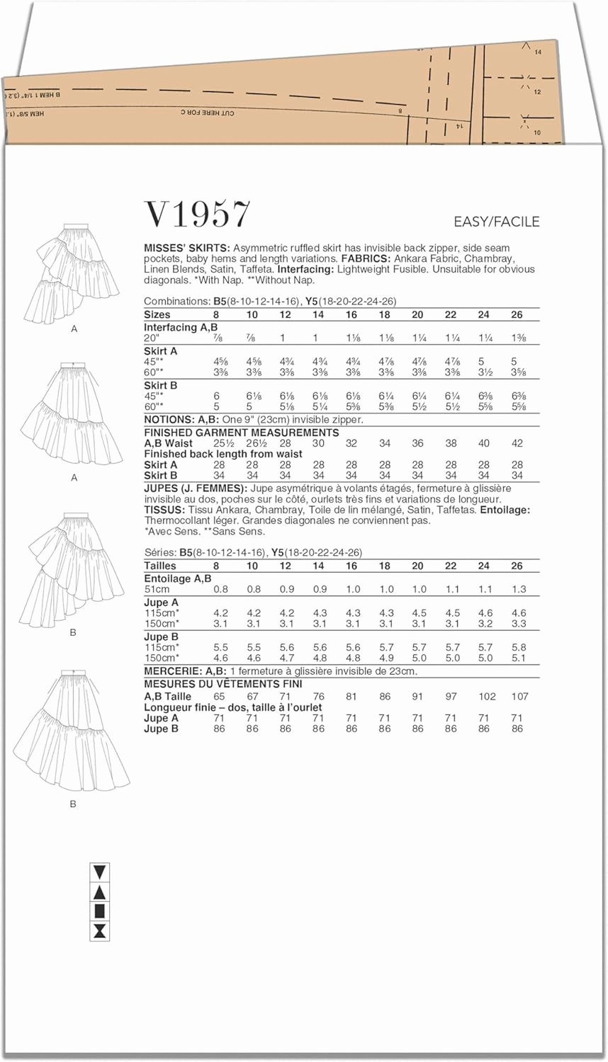 Vogue Misses' Asymmetric Ruffled Skirts Sewing Pattern Packet, Design Code V1957, Sizes 8-10-12-14-16