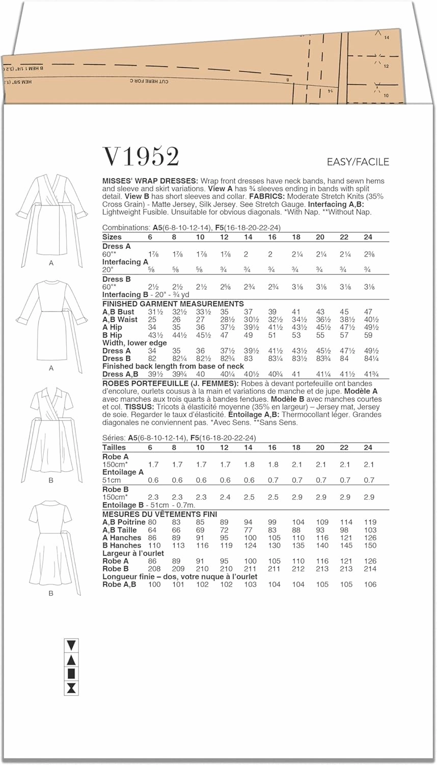 Vogue Misses' Wrap Dresses Sewing Pattern Packet, Design Code V1952, Sizes 16-18-20-22-24