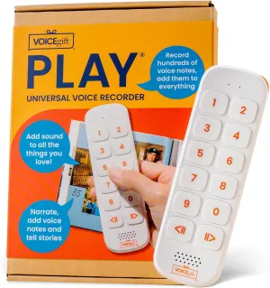 VoiceGift PLAY – Screen-Free Voice Recorder and Audio Playback Device, Add Meaningful Messages to Journals, Albums and Keepsakes, USB Rechargeable Digital Recorder with Speaker, Clip and Strap