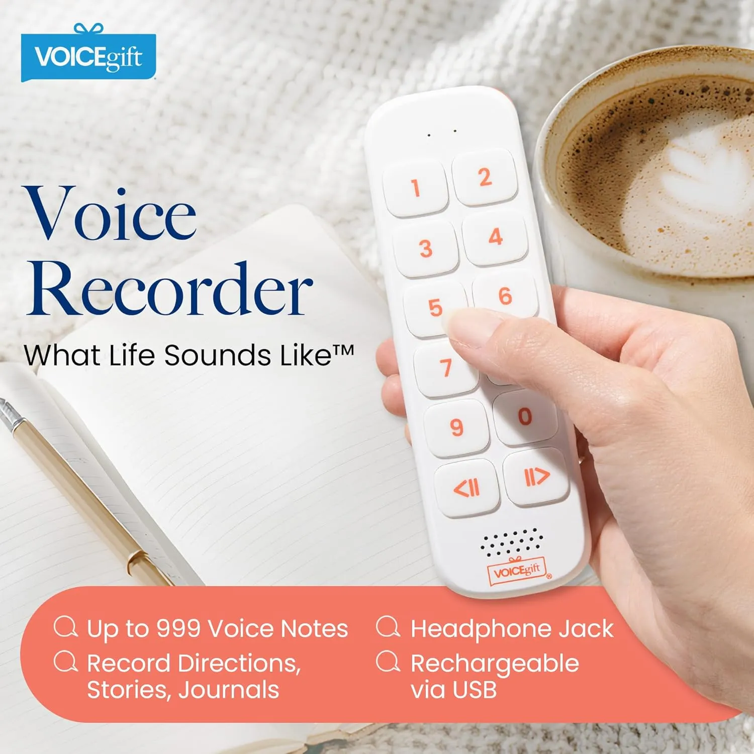 VoiceGift PLAY – Screen-Free Voice Recorder and Audio Playback Device, Add Meaningful Messages to Journals, Albums and Keepsakes, USB Rechargeable Digital Recorder with Speaker, Clip and Strap