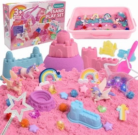 Volmop Unicorn Sensory Bin for Girl, 148pcs Play Sand Art Kit with Sandbox, 3.3lb Color Sand,Unicorn Tactile Sensory Toy for Girl Toddler Ages 3-8