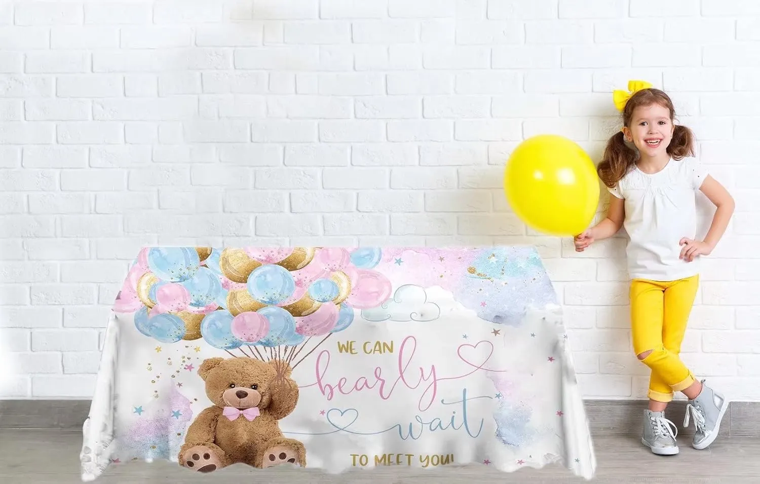 We Can Bearly Wait to Meet You Bear Tablecloth for Baby Shower,Pink Blue Balloons Teddy Bear Babyshower Table Covers,Rectangle Table Decors,102x62 Inches ZB-1075