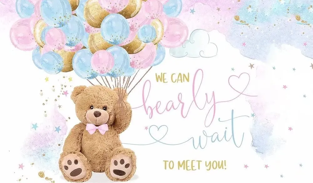 We Can Bearly Wait to Meet You Bear Tablecloth for Baby Shower,Pink Blue Balloons Teddy Bear Babyshower Table Covers,Rectangle Table Decors,102x62 Inches ZB-1075
