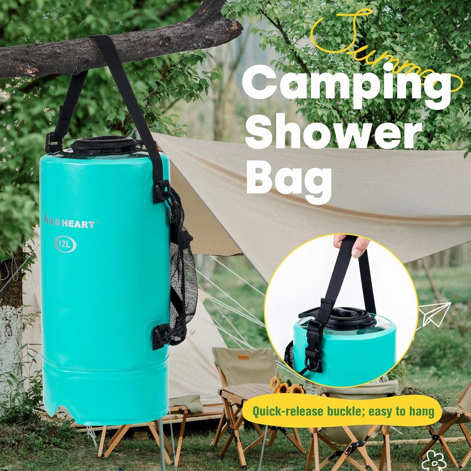 WILD HEART Camping Shower 22L/ 12L Portable Shower for Camping with Pressure Foot Pump and Hose - Solar Shower Bag Backpack for Camping, Road Trip & Outdoor Use