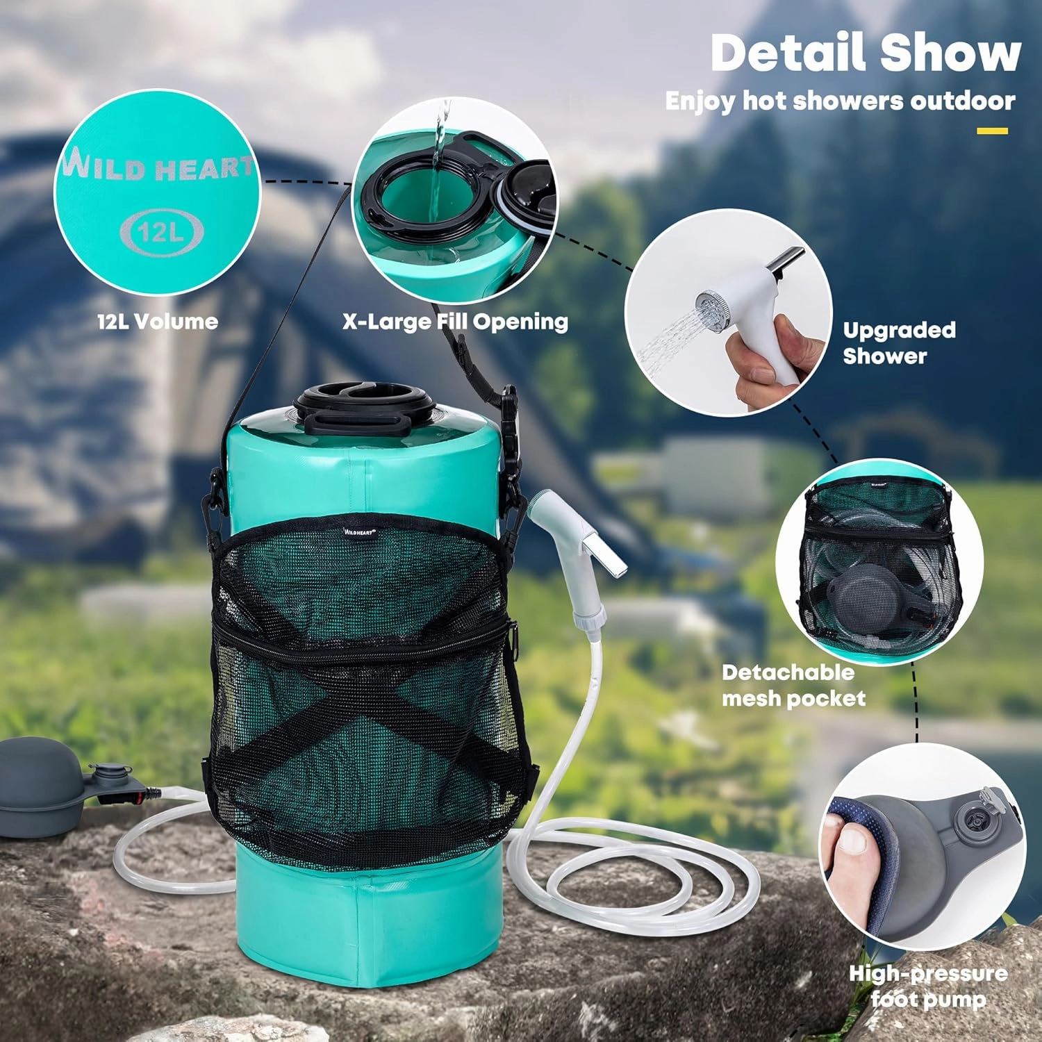 WILD HEART Camping Shower 22L/ 12L Portable Shower for Camping with Pressure Foot Pump and Hose - Solar Shower Bag Backpack for Camping, Road Trip & Outdoor Use