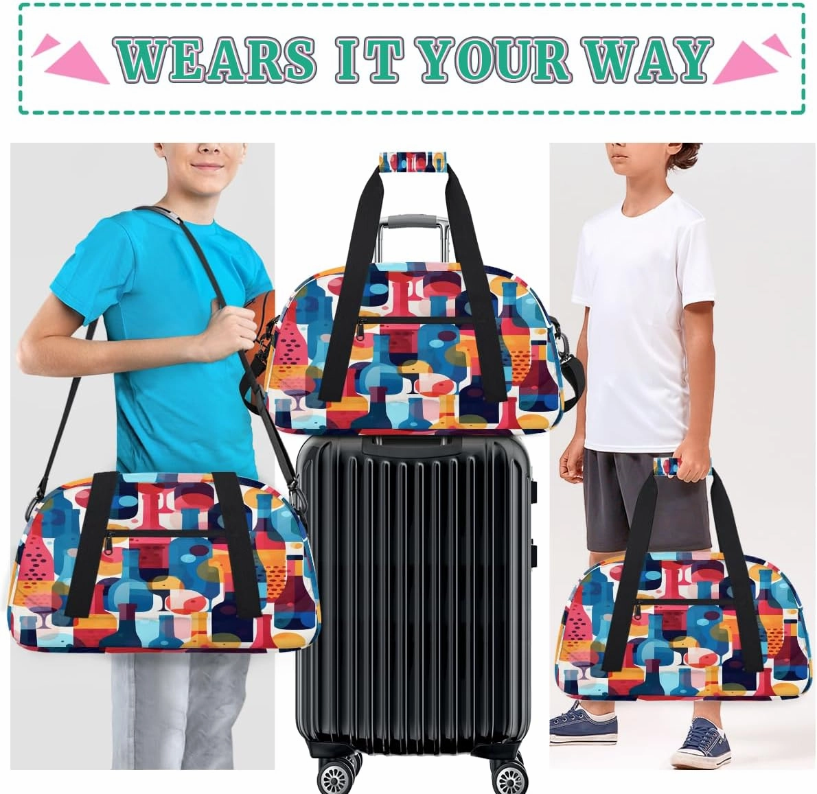 Wine Glass Print Kids Overnighter Duffel Bags for Boys, Carry-On Size Sports Gym Bag with Front Zipper Pocket for School Practice or Overnight Travel Weekender Sleepover Tote Bag