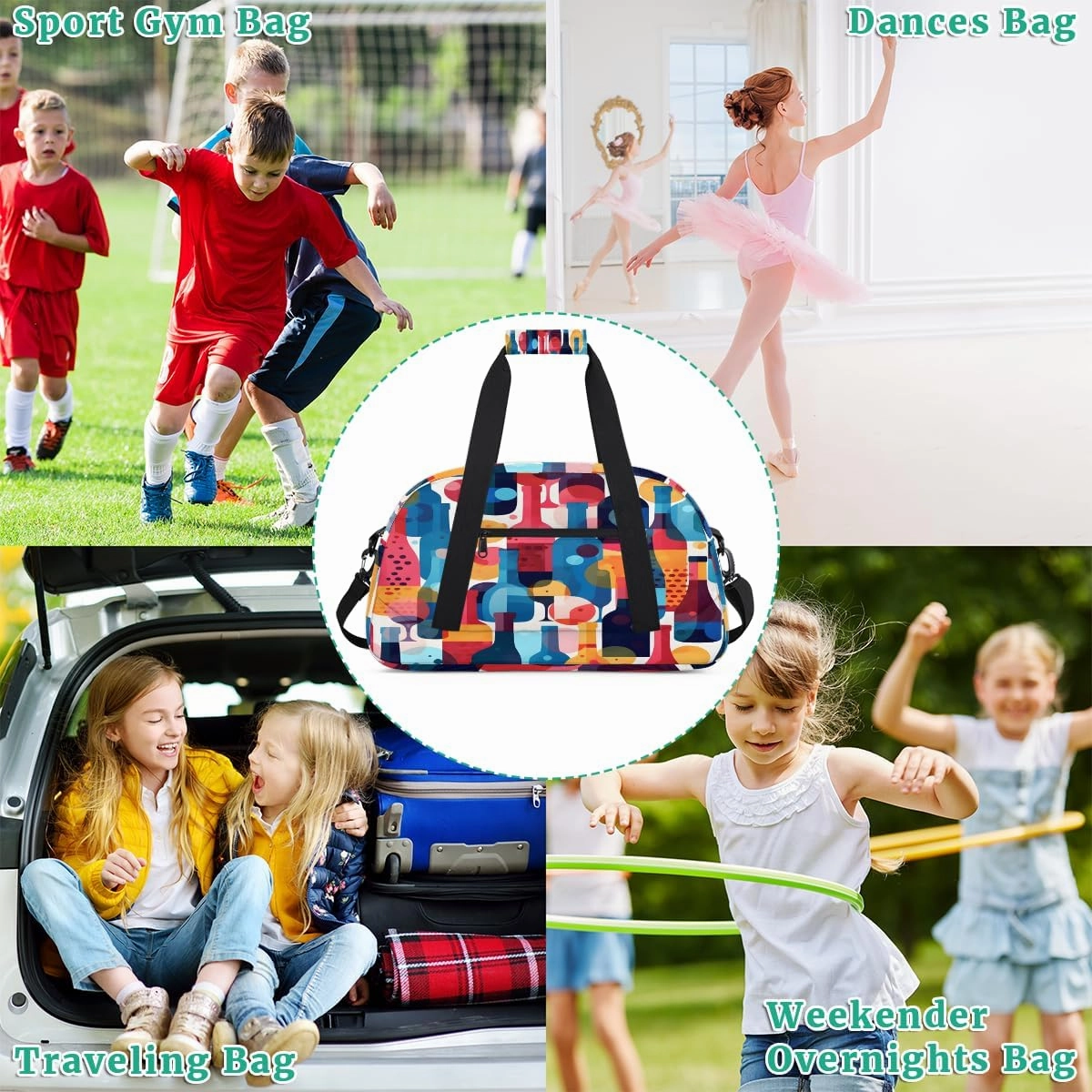 Wine Glass Print Kids Overnighter Duffel Bags for Boys, Carry-On Size Sports Gym Bag with Front Zipper Pocket for School Practice or Overnight Travel Weekender Sleepover Tote Bag