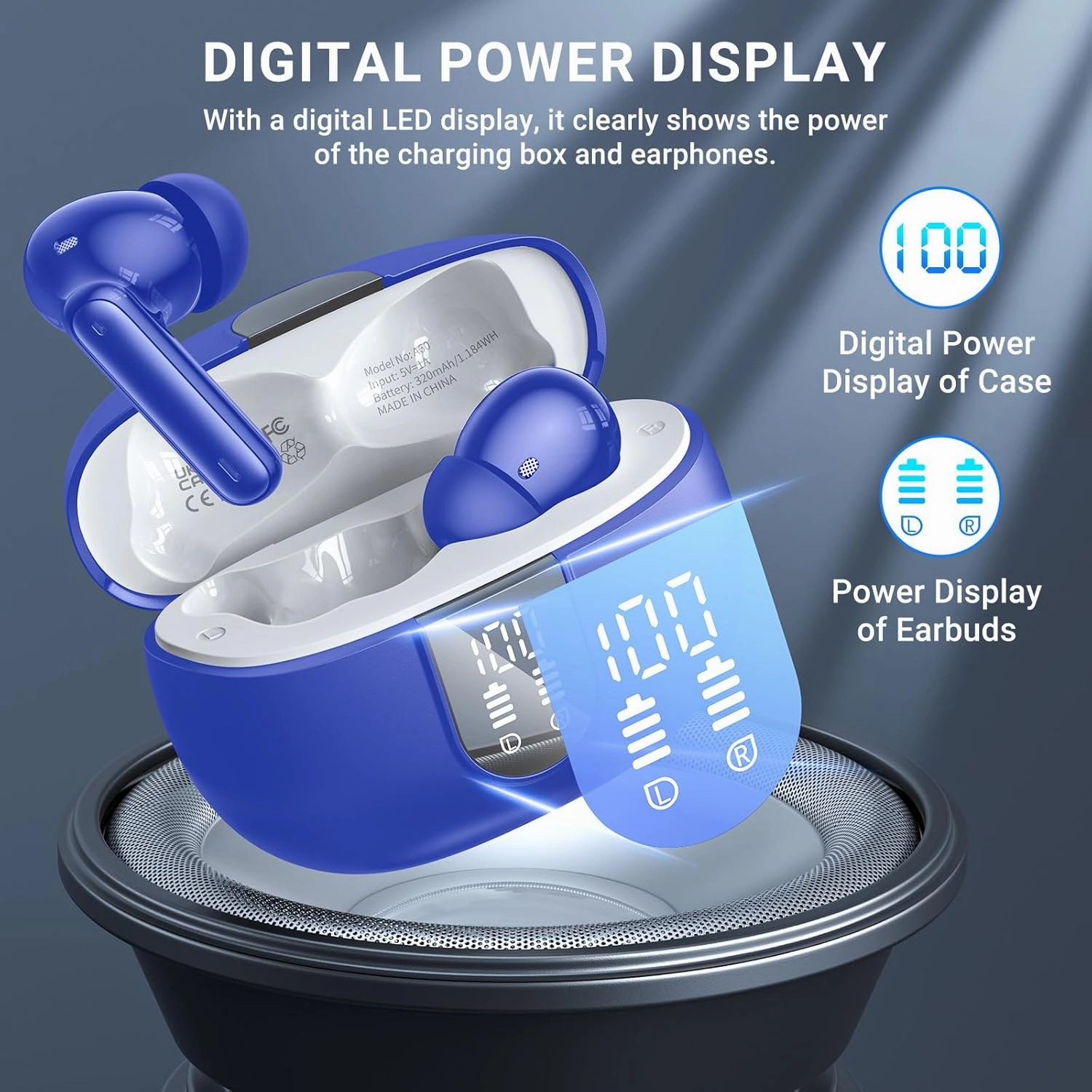 Wireless Earbuds, 2024 Wireless Headphones HiFi Stereo Earphones with 4 ENC Noise Canceling Mic, 42Hs Playtime In Ear Earbud, Bluetooth 5.3 Sport Earphones with LED Power Display for Android iOS Blue