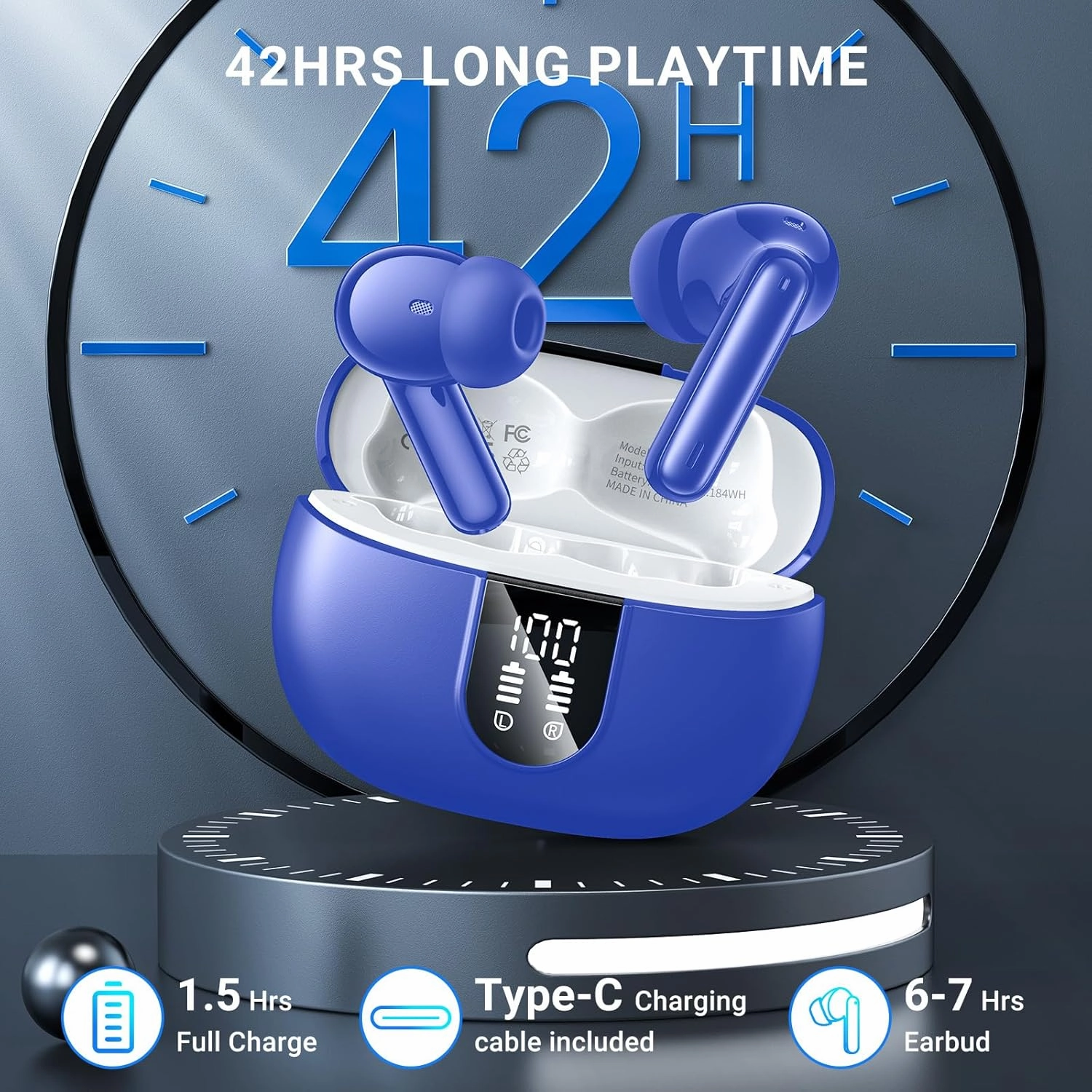 Wireless Earbuds, 2024 Wireless Headphones HiFi Stereo Earphones with 4 ENC Noise Canceling Mic, 42Hs Playtime In Ear Earbud, Bluetooth 5.3 Sport Earphones with LED Power Display for Android iOS Blue