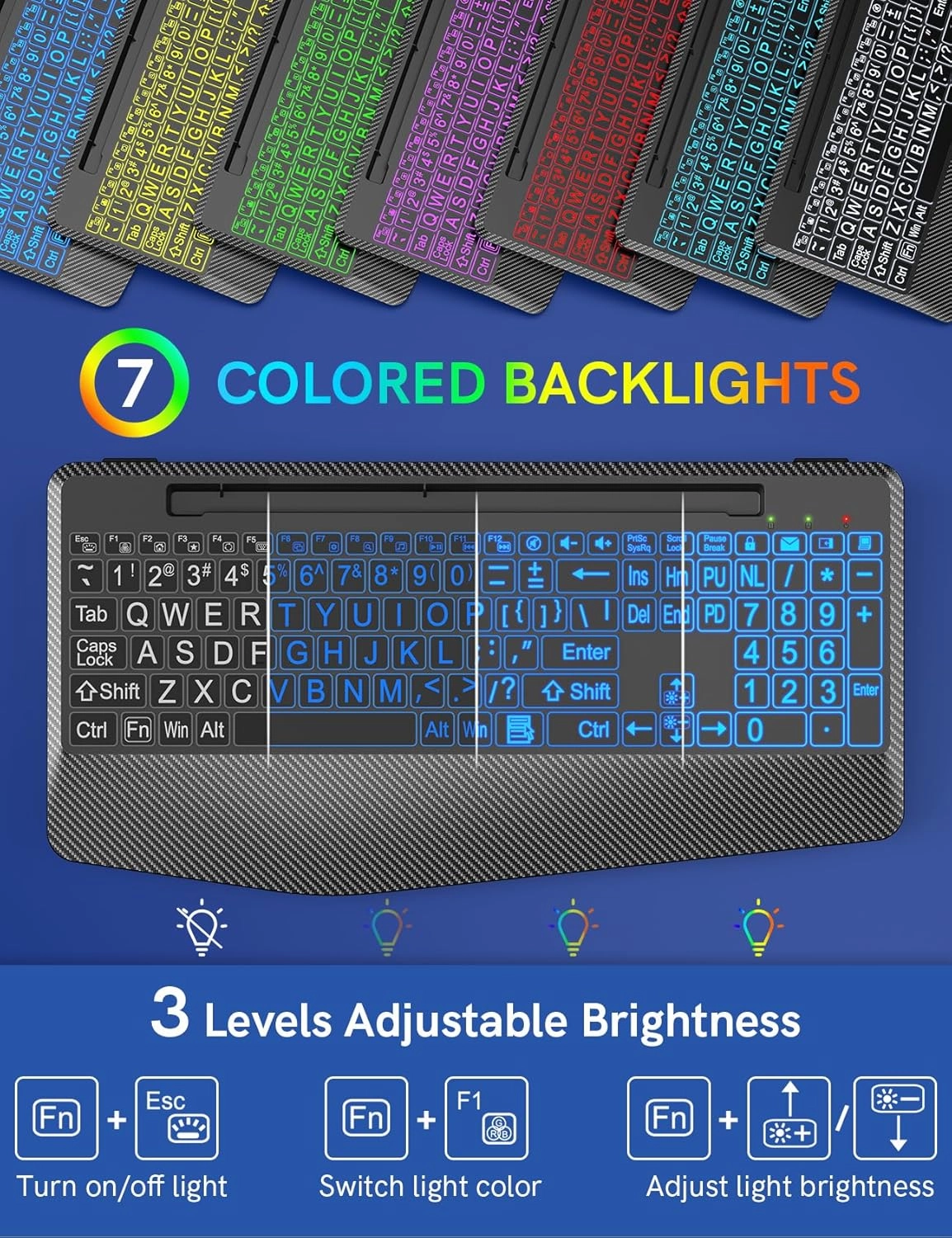 Wireless Keyboard with 7 Colored Backlits, Wrist Rest, Phone Holder, Rechargeable Ergonomic Computer Keyboard with Silent Keys, Full Size Lighted Keyboard for Windows, Mac, PC, Laptop (Large Print)