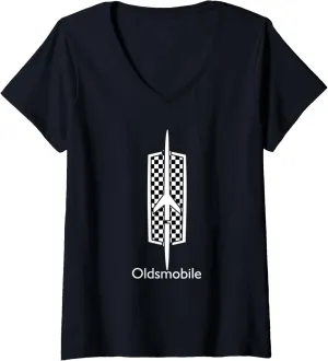 Womens Classic Car Show Vintage Oldsmobile Checkered Rocket Logo V-Neck T-Shirt