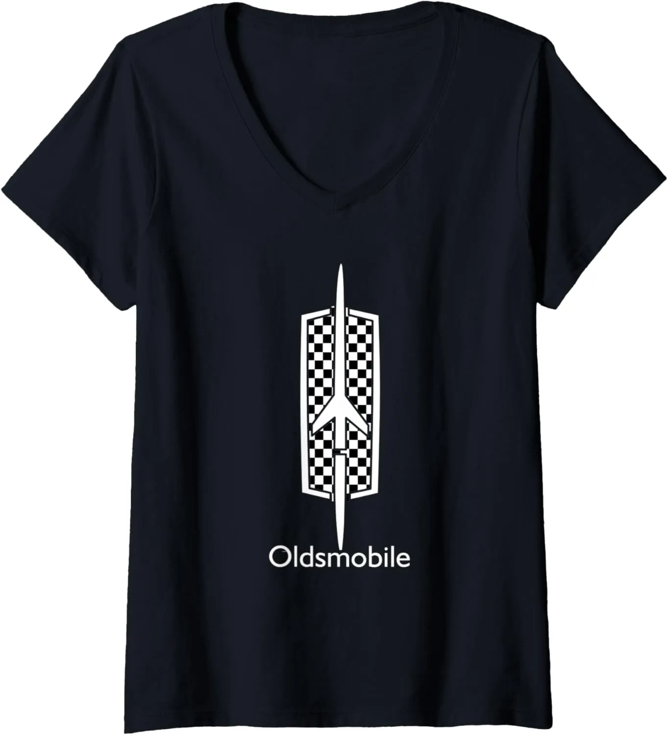 Womens Classic Car Show Vintage Oldsmobile Checkered Rocket Logo V-Neck T-Shirt