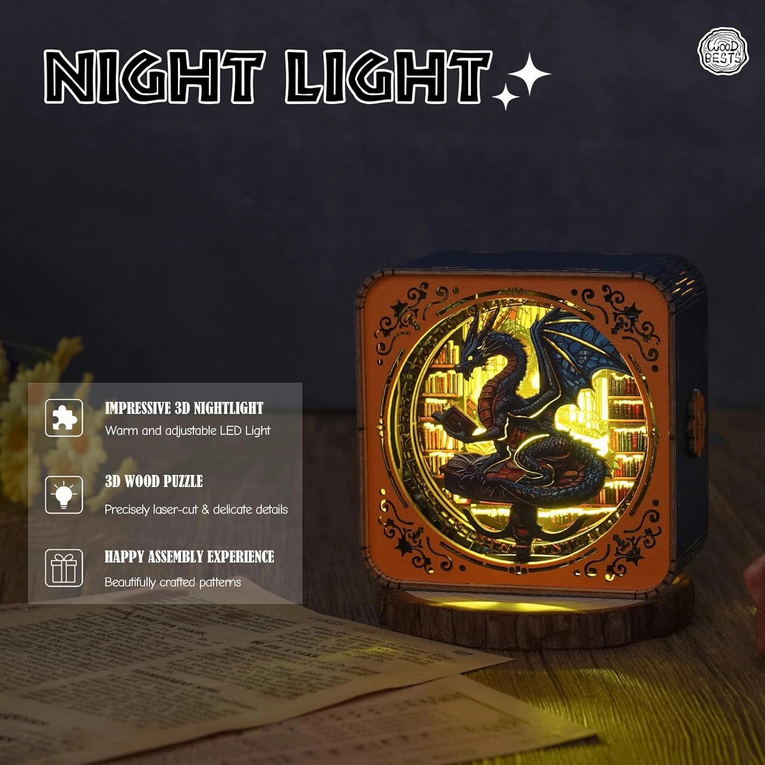 WOODBESTS Wooden Puzzles 3D Nightlight(Library's Dragon) DIY Wooden Puzzles for Adults-3D Wooden Puzzle Night Light for Seniors-Exquisite Desk Decor for DIY Puzzle Lovers