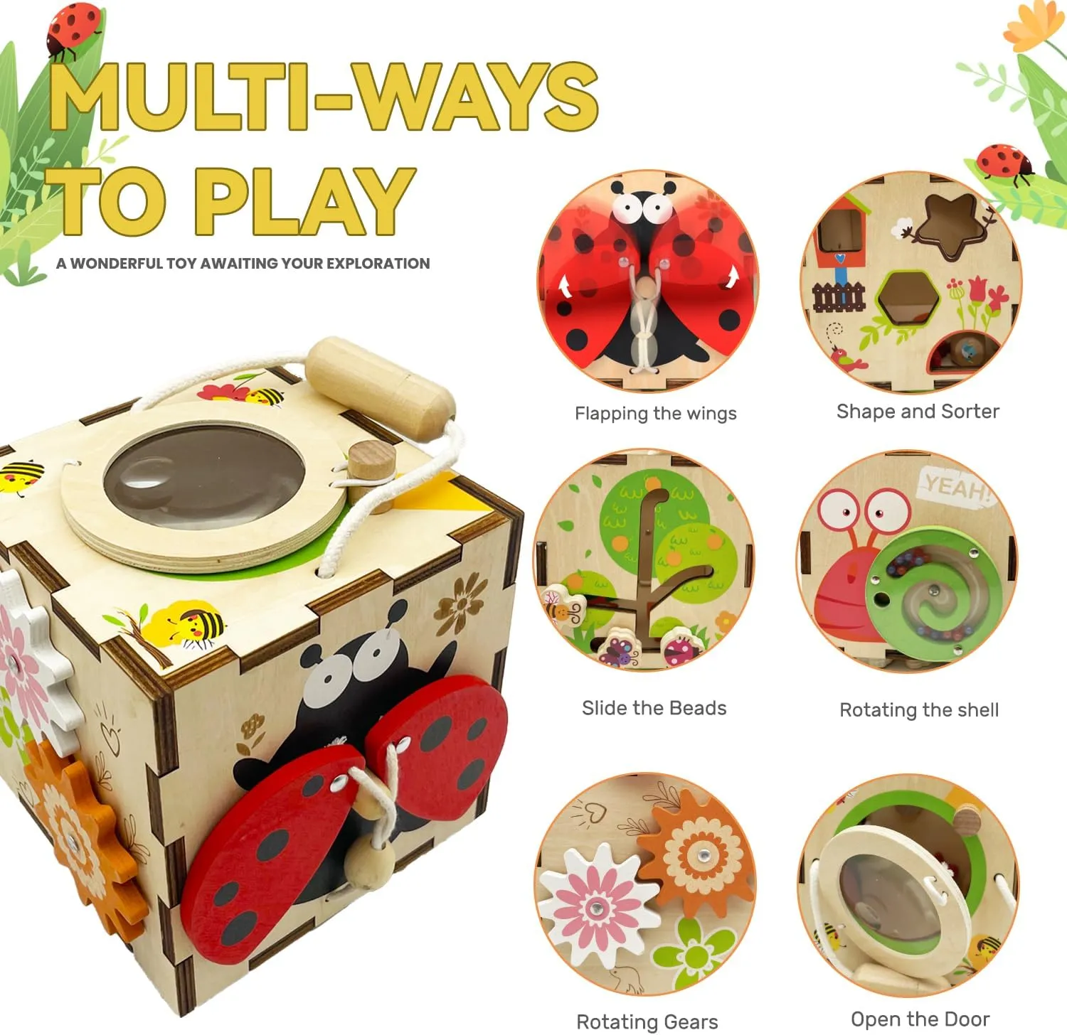 Wooden Activity Cube Montessori Toys for 3 Year Old Baby Toys Toddlers Birthday Gift Boys Girls Sensory Interactive Learning Toys (Ladybugs)