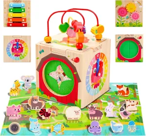 Wooden Activity Cube with Map Farm Game and Mystery Box | Montessori Toys for 1 2 3 Year Old Toddlers | Baby Toys 12-18 Months | First Birthday Gifts for Girls & Boys