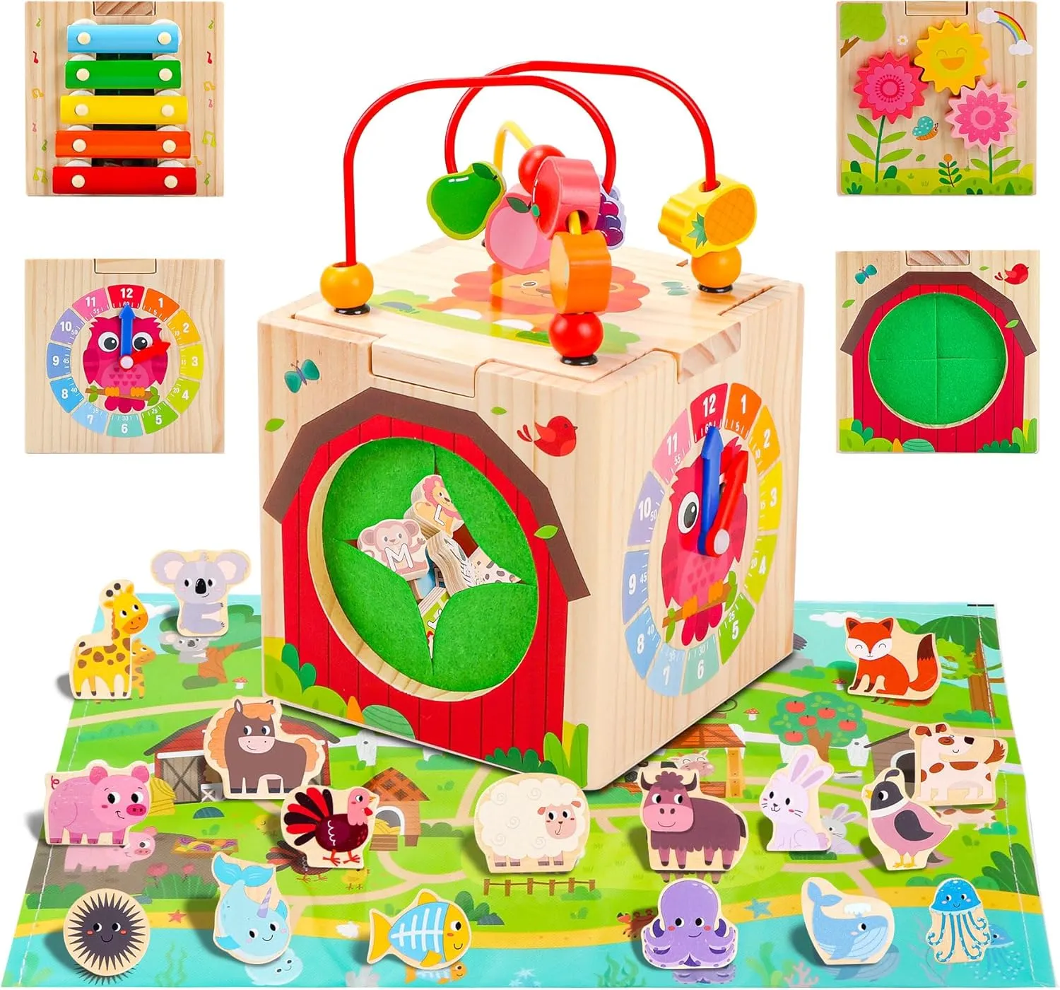 Wooden Activity Cube with Map Farm Game and Mystery Box | Montessori Toys for 1 2 3 Year Old Toddlers | Baby Toys 12-18 Months | First Birthday Gifts for Girls & Boys
