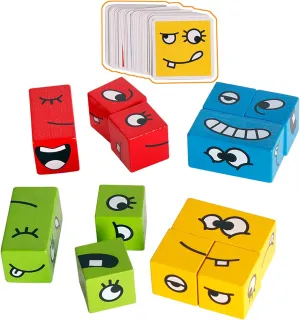 Wooden Expressions Matching Block Puzzles Building Cubes Toy Borad Games Educational Montessori Toys for Kids Ages 3 Years and Up