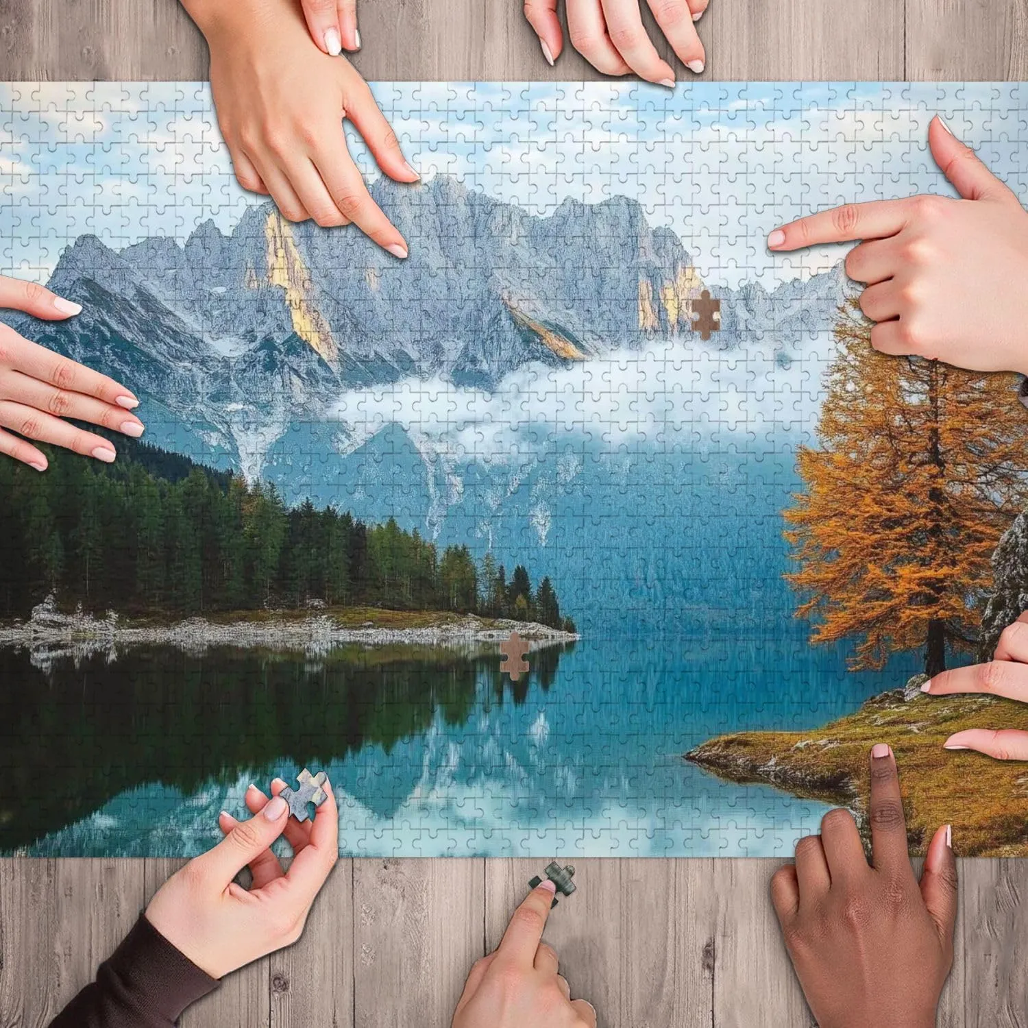 Wooden Jigsaw Puzzles for Adults 1000 Pieces Beautiful Morning Scene Alpine Peaks Reflecting Tranquil Mountain Lake Fun and Challenging Board Puzzles Large Educational Game Kids Toys Gift Home Decor