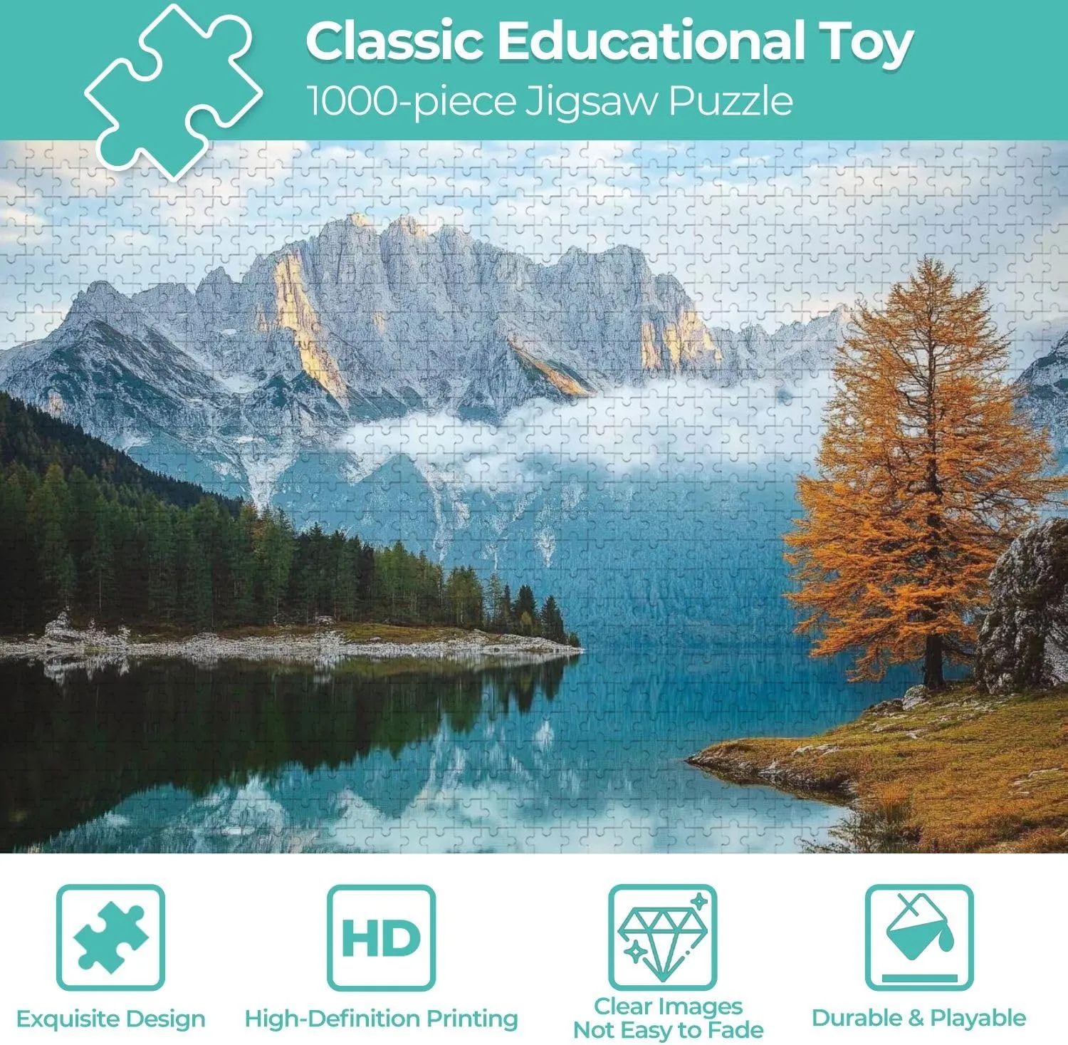 Wooden Jigsaw Puzzles for Adults 1000 Pieces Beautiful Morning Scene Alpine Peaks Reflecting Tranquil Mountain Lake Fun and Challenging Board Puzzles Large Educational Game Kids Toys Gift Home Decor