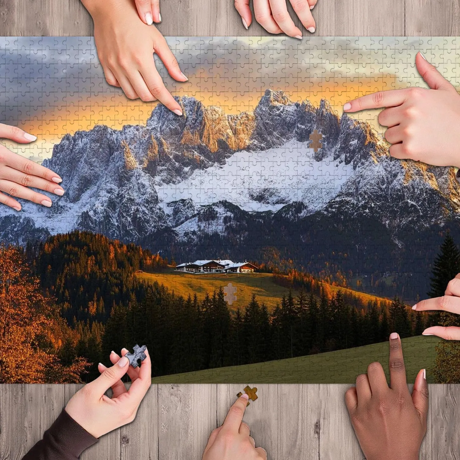 Wooden Jigsaw Puzzles for Adults 1000 Pieces Sunrise Idyllic Alpine Scenery Farmhouse Front Wilder Austria Fun and Challenging Board Puzzles Large Educational Game Kids Toys Gift Home Decor