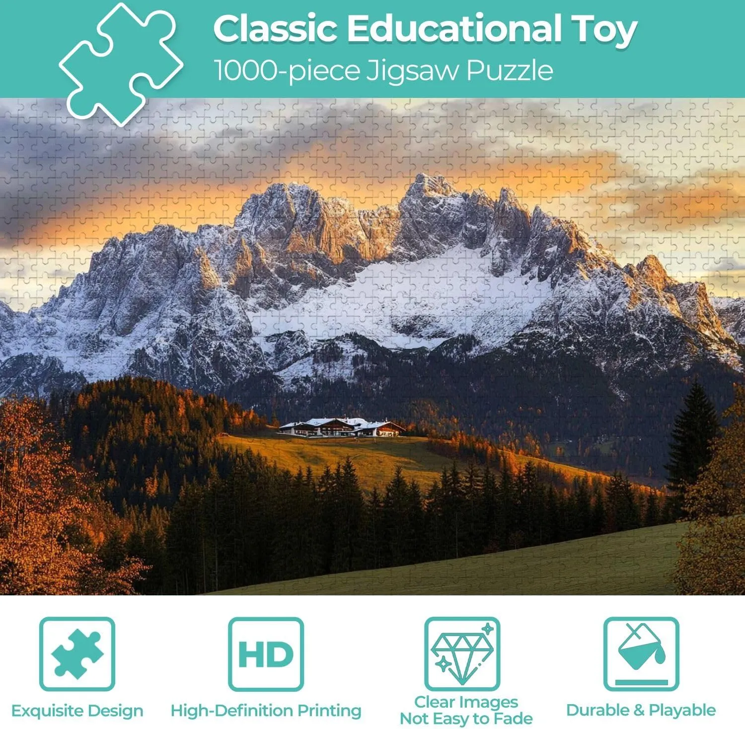 Wooden Jigsaw Puzzles for Adults 1000 Pieces Sunrise Idyllic Alpine Scenery Farmhouse Front Wilder Austria Fun and Challenging Board Puzzles Large Educational Game Kids Toys Gift Home Decor