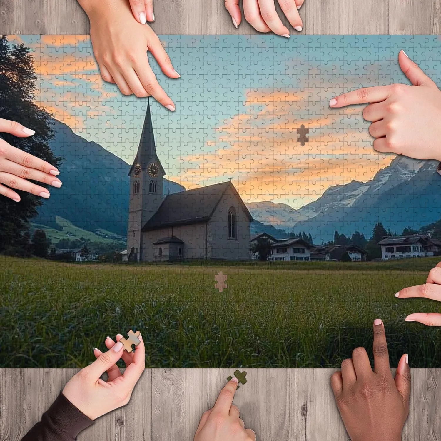 Wooden Jigsaw Puzzles for Adults 1000 Pieces Switzerland Countryside Scenery Alpine rurals Pictures Fun and Challenging Board Puzzles Large Educational Game Kids Toys Gift Home Decor