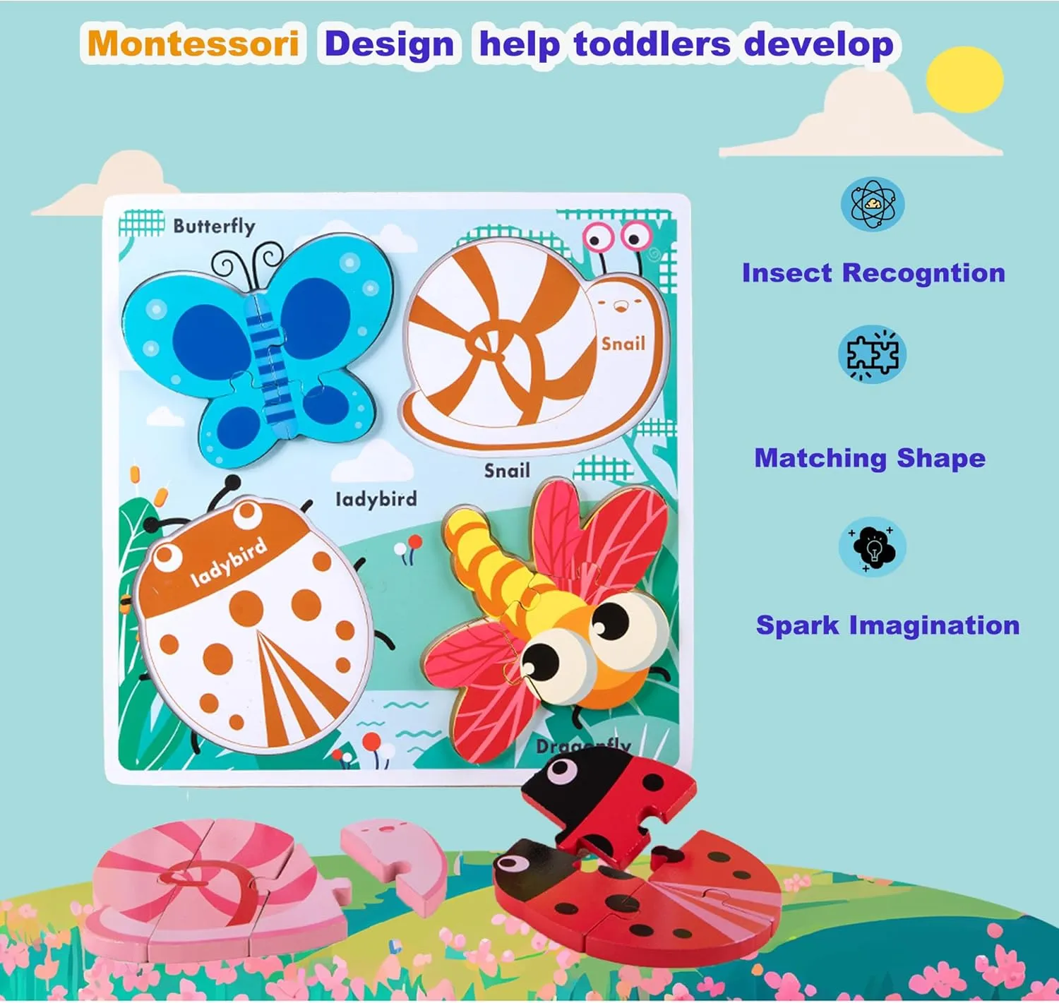Wooden Jigsaw Puzzles for Toddlers 2-4 Years Old Girls Boys Jumbo Base Chunky Puzzle Ages1-3 Toddler Fun Gifts for 24-36 Months