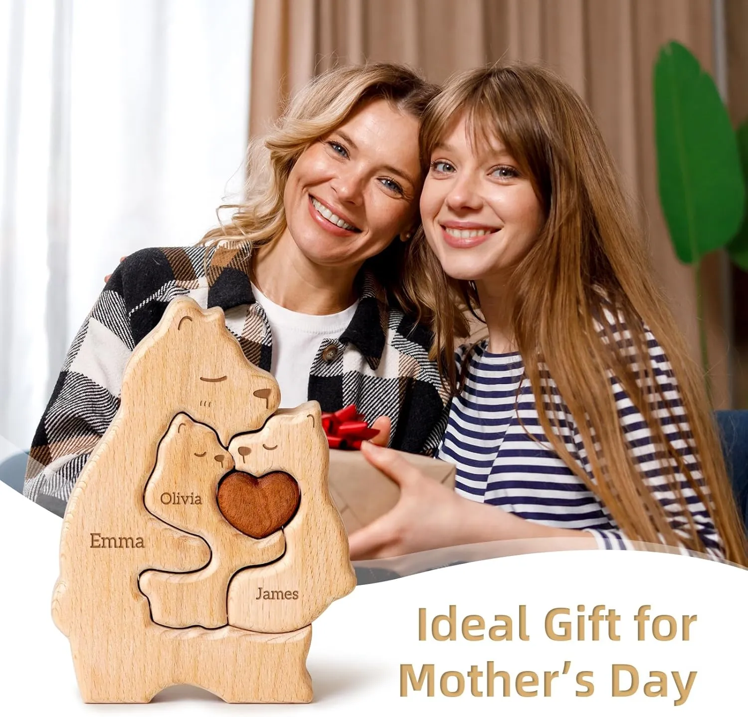 Wooden Mommy Bears Family Puzzle, Personalized Puzzles with 2–5 Names, Mother's Day Personalized Gifts for Mom Dad Kids Teen Boys Girls Grandma, Toddler Men Birthday Thanksgiving Decorations