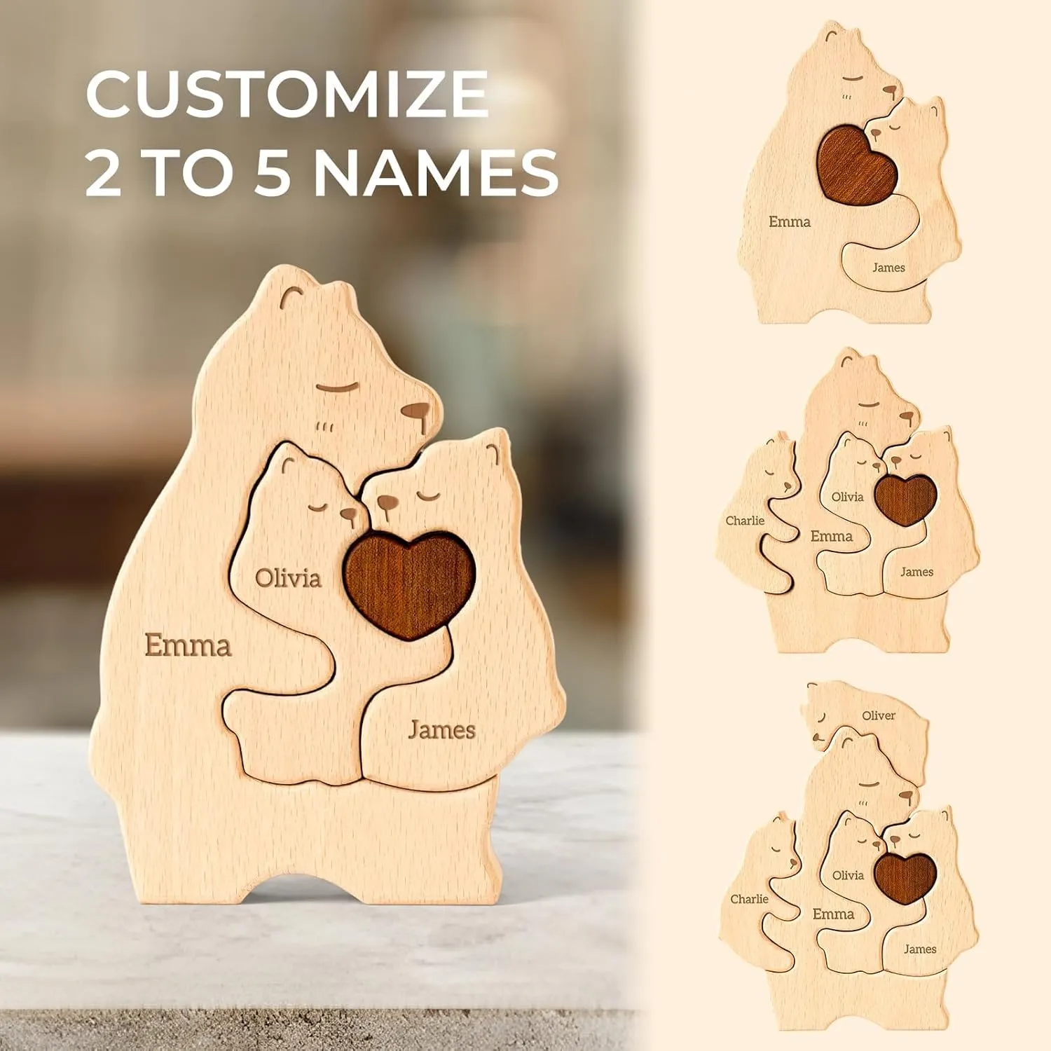 Wooden Mommy Bears Family Puzzle, Personalized Puzzles with 2–5 Names, Mother's Day Personalized Gifts for Mom Dad Kids Teen Boys Girls Grandma, Toddler Men Birthday Thanksgiving Decorations