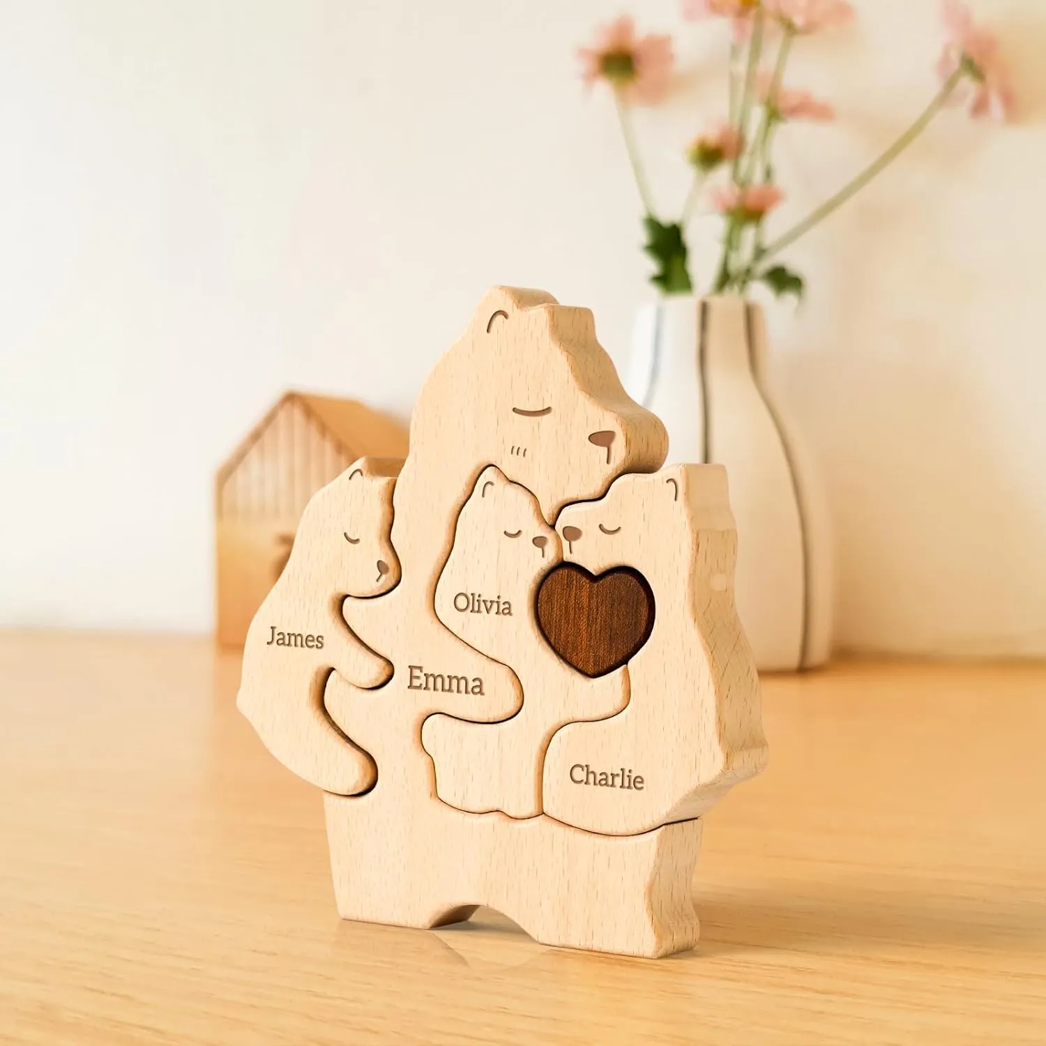 Wooden Mommy Bears Family Puzzle, Personalized Puzzles with 2–5 Names, Mother's Day Personalized Gifts for Mom Dad Kids Teen Boys Girls Grandma, Toddler Men Birthday Thanksgiving Decorations