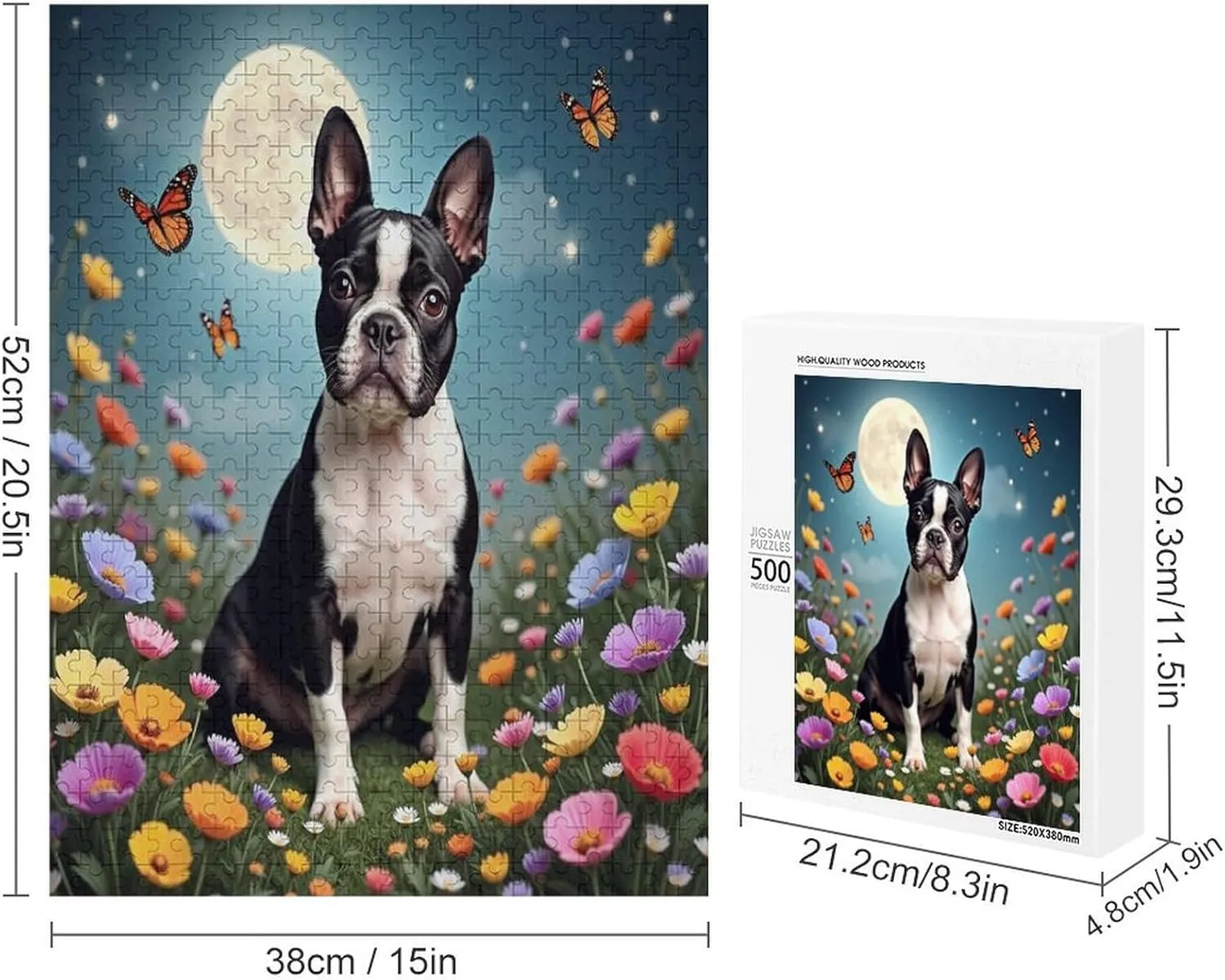 Wooden Puzzle 500 Piece - Grassland Flowers Boston Terrier Jigsaw Puzzles Adults,Challenging Educational Game Fun Family Activities Puzzle Floor Props Kid Gift Unzip Toy