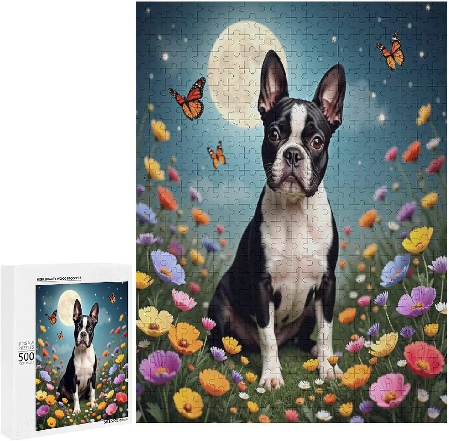 Wooden Puzzle 500 Piece - Grassland Flowers Boston Terrier Jigsaw Puzzles Adults,Challenging Educational Game Fun Family Activities Puzzle Floor Props Kid Gift Unzip Toy