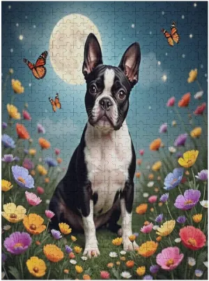 Wooden Puzzle 500 Piece - Grassland Flowers Boston Terrier Jigsaw Puzzles Adults,Challenging Educational Game Fun Family Activities Puzzle Floor Props Kid Gift Unzip Toy