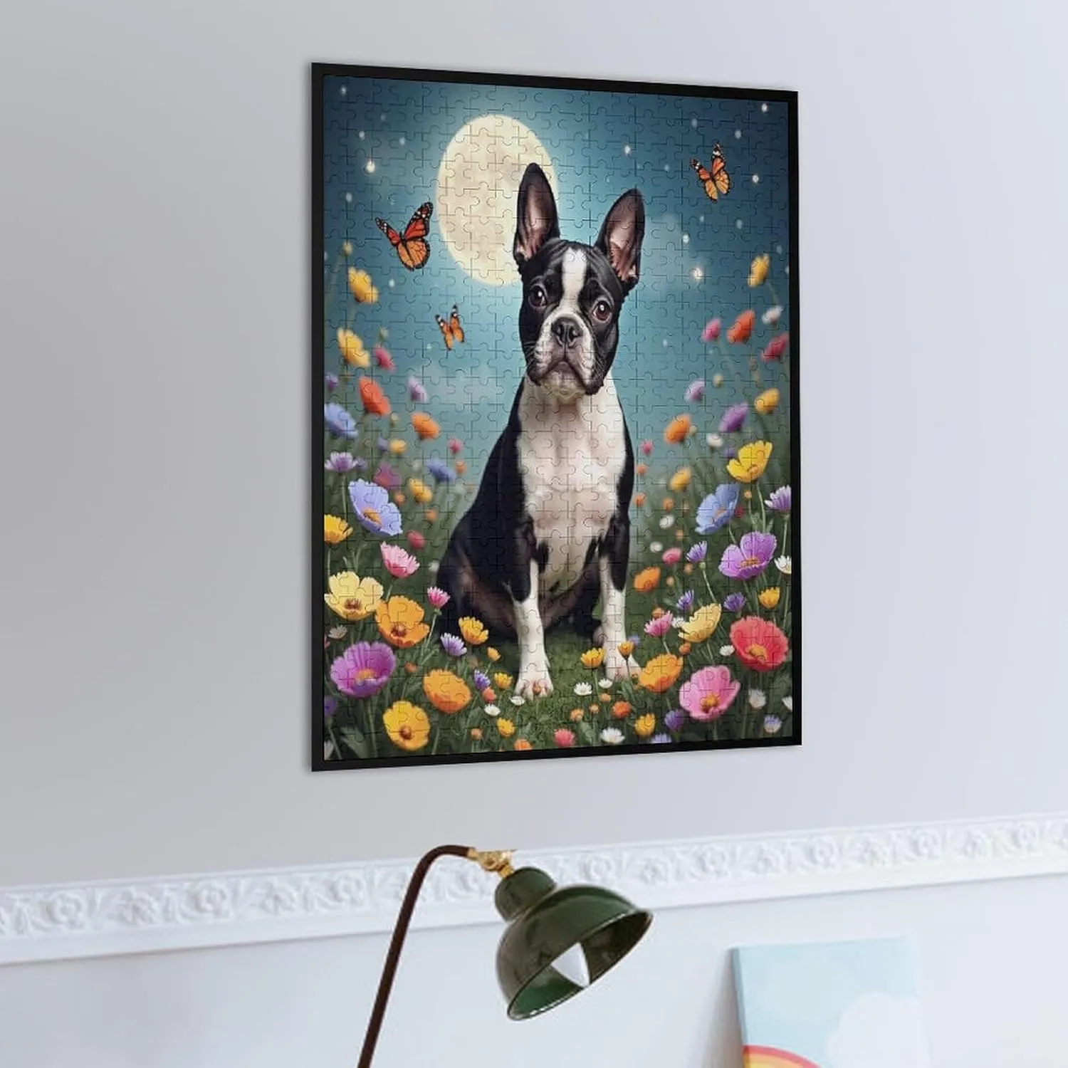Wooden Puzzle 500 Piece - Grassland Flowers Boston Terrier Jigsaw Puzzles Adults,Challenging Educational Game Fun Family Activities Puzzle Floor Props Kid Gift Unzip Toy