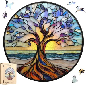 Wooden Puzzle for Adults, Seaside Tree of Life Puzzles for Adults, Unique Shaped Challenge Puzzle, Beautiful Package, Best Gift Toys for Family Friends, Brain Games Medium 11.2x11.2in
