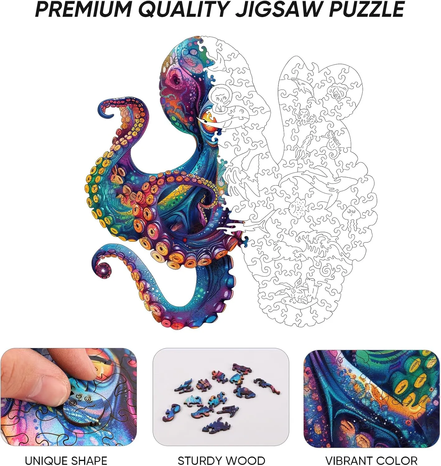 Wooden Puzzles for Adults,Octopus Wooden Jigsaw Puzzles 500pcs,16.9x16.9in,Royal,Unique Shape Ocean Adult Puzzles,Irregular Wood Puzzles Creative Gift for Adults and Kids Family Game