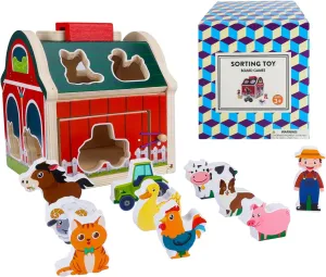 Wooden Take-Along Shape Sorting Barn Toy with Handle, 10 Farm Play Pcs, Boys Girls Preschool Montessori Toys, Stacking Learning Toy for Toddlers and Kids Ages 2 , Christmas Birthday Gift