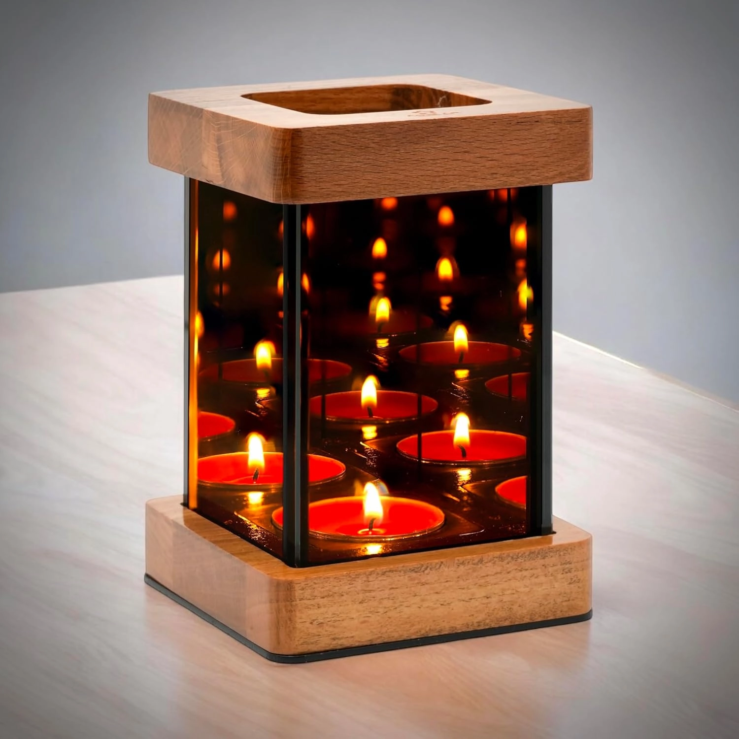 Wooden Infinity Mirror Candle Holder, Glass Tea Light Holder, Square Glass Box Candle Holder, Reflective Mirror Effect, Table, Infinity Cube, Gifts for Wife, Wedding Registry, Christmas, Thanksgiving
