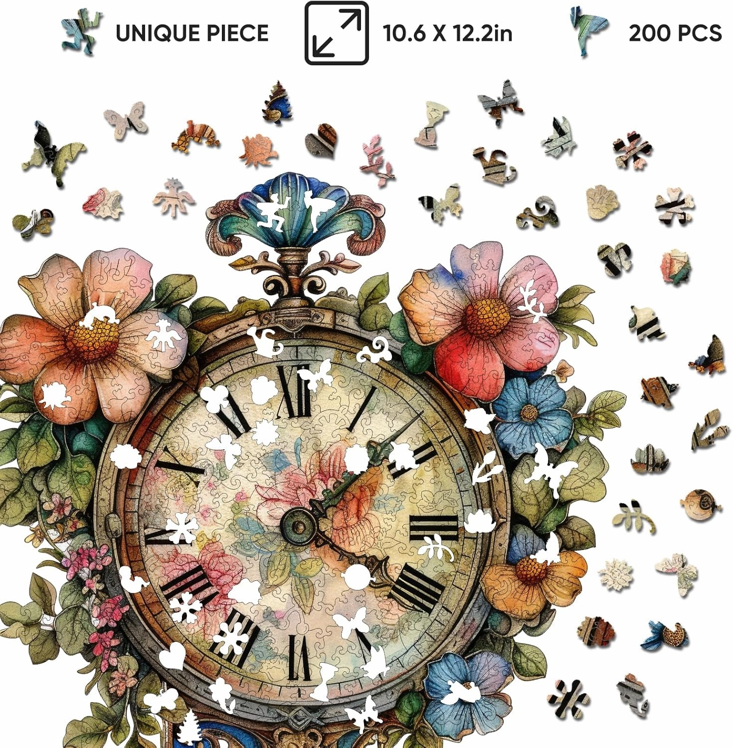 Wooden Puzzle for Adults, Wall Clock Jigsaw Puzzles 200 Piece, Unique Shapes Family Reunion Puzzle for Adults and Kids, Beautiful Package, Best Gift for Family Friends Medium 11.2 * 15.21in