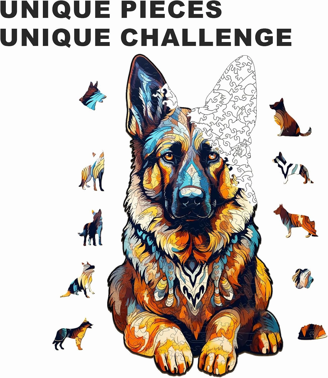 Wooden Puzzles for Adults - Unique Shaped Animal Jigsaw Puzzles - German Shepherd Puzzle - Fun Challenging Family Games Easter Birthday Gifts - Dog Puzzle Toys - 168pcs