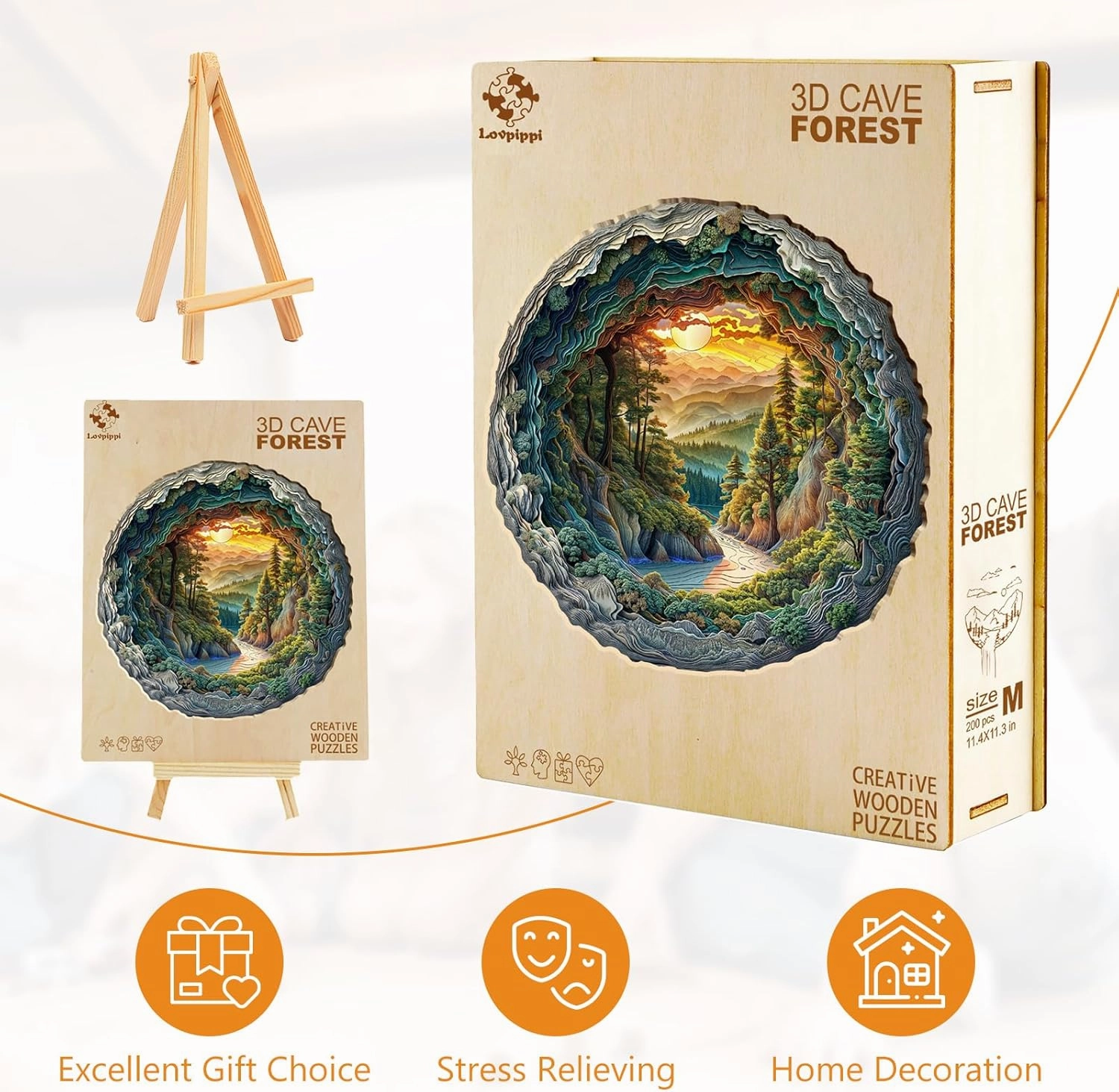 Wooden Puzzles for Adults, Wooden Jigsaw Puzzles for Adults Kids, 3D Cave Forest Unique Shaped Wood Puzzles Adult, Creative Birthday Gifts for Friends Family Game (11.4 * 11.4in 200pcs)