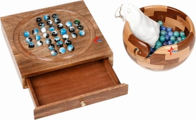 Wooden Solitaire Box with Marbles and Drawer – Handcrafted Classic Puzzle Game with Storage, Premium Wooden Board for Adults & Kids, or Home Decor (3D-Marble)