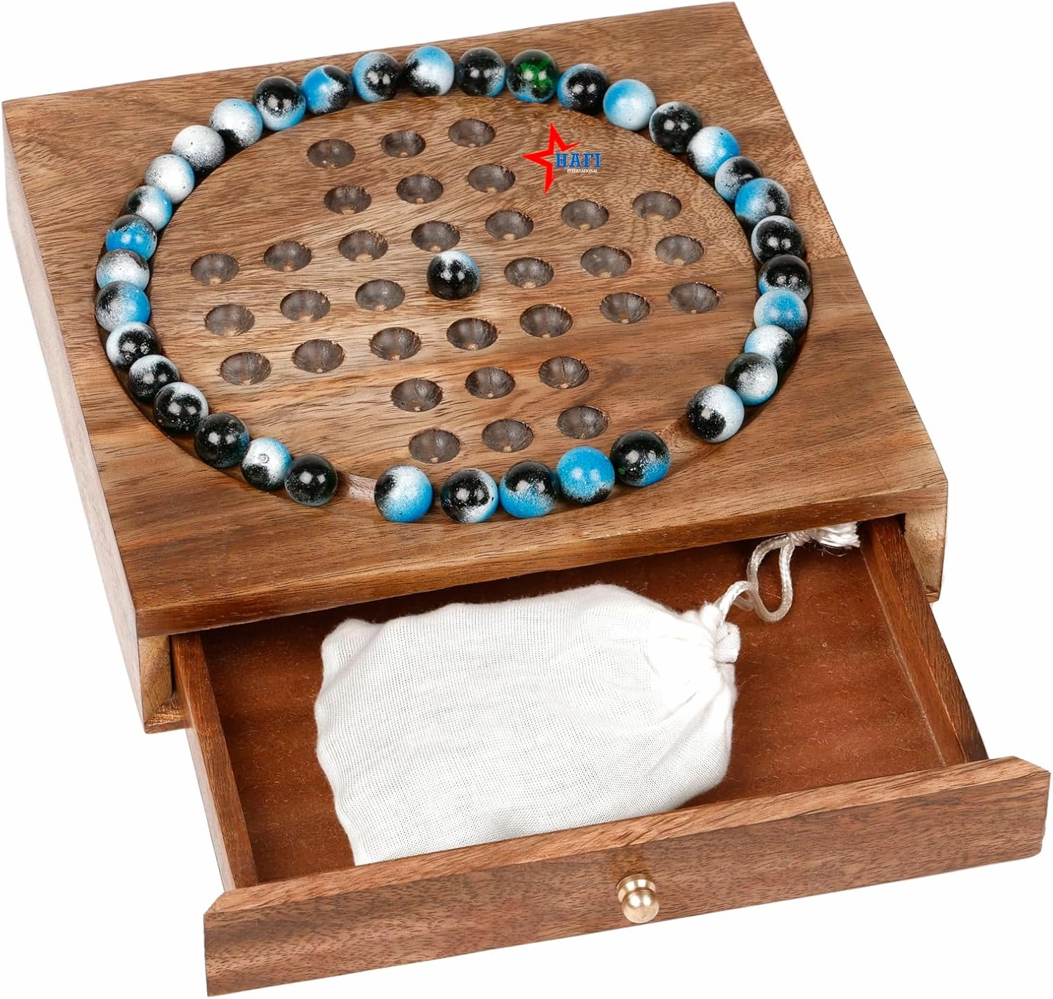 Wooden Solitaire Box with Marbles and Drawer – Handcrafted Classic Puzzle Game with Storage, Premium Wooden Board for Adults & Kids, or Home Decor (3D-Marble)