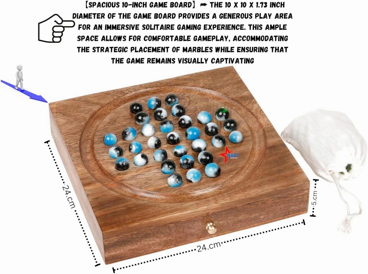 Wooden Solitaire Box with Marbles and Drawer – Handcrafted Classic Puzzle Game with Storage, Premium Wooden Board for Adults & Kids, or Home Decor (3D-Marble)